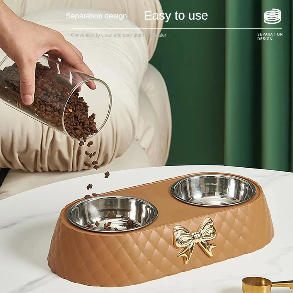 Bowtie Double Stainless Steel Pet Bowl - Cat & Dog Feeding Set