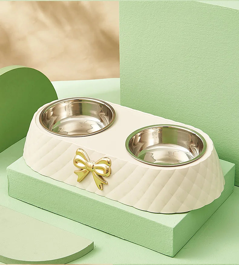 Bowtie Double Stainless Steel Pet Bowl - Cat & Dog Feeding Set