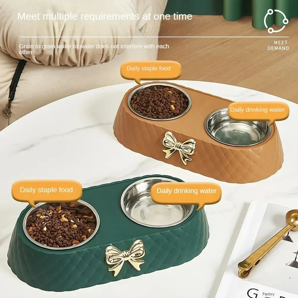Bowtie Double Stainless Steel Pet Bowl - Cat & Dog Feeding Set