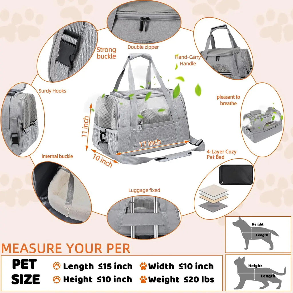 Soft Pet Carrier Bag - Airline Approved Travel Bag for Cats & Dogs up to 20 lbs