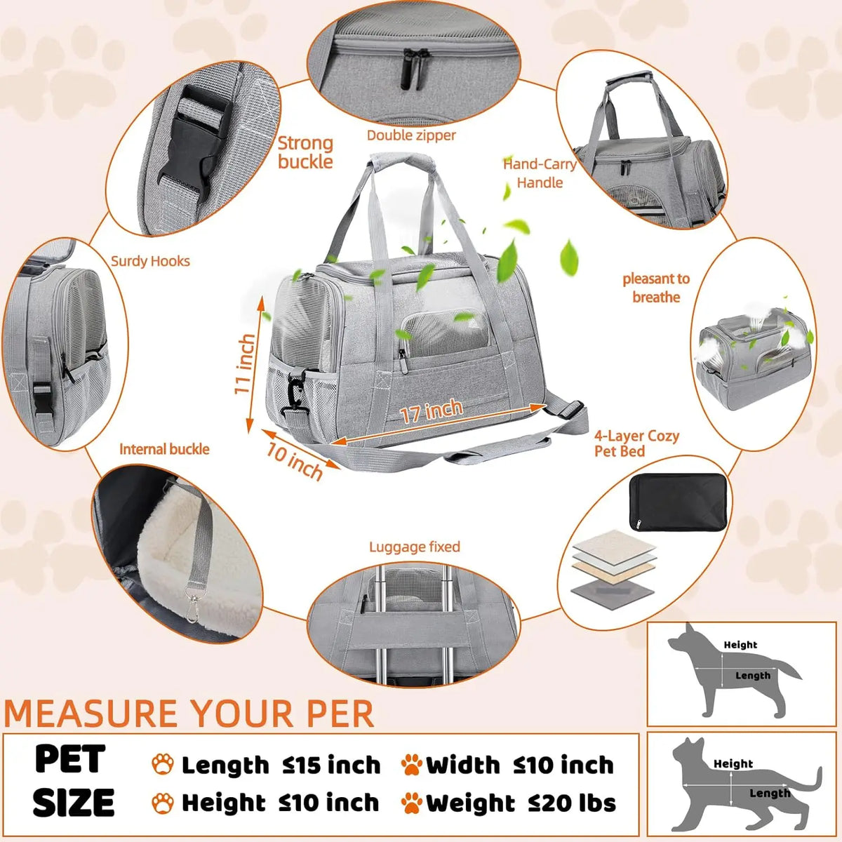Soft Pet Carrier Bag - Airline Approved Travel Bag for Cats & Dogs up to 20 lbs