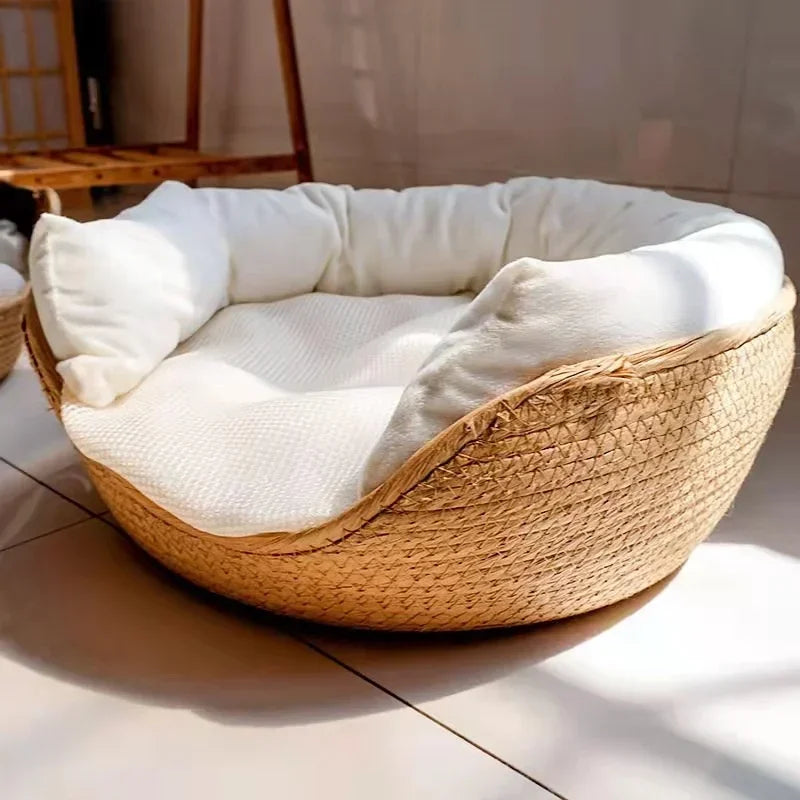 Woven Bamboo Cat & Dog Bed Basket - Cozy All-Season Sleeping Nest