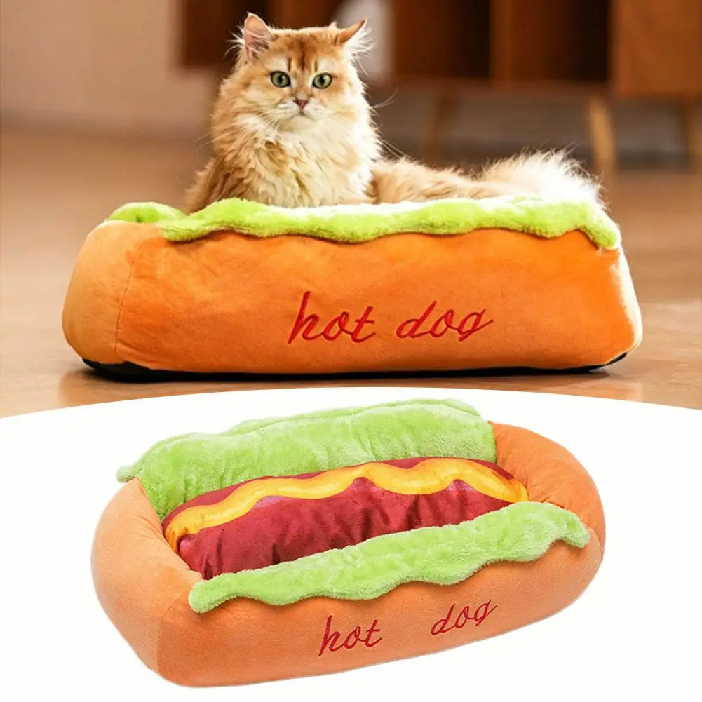 Hot Dog Shaped Novelty Pet Bed - Soft Removable Washable Lounger for Cats & Dogs