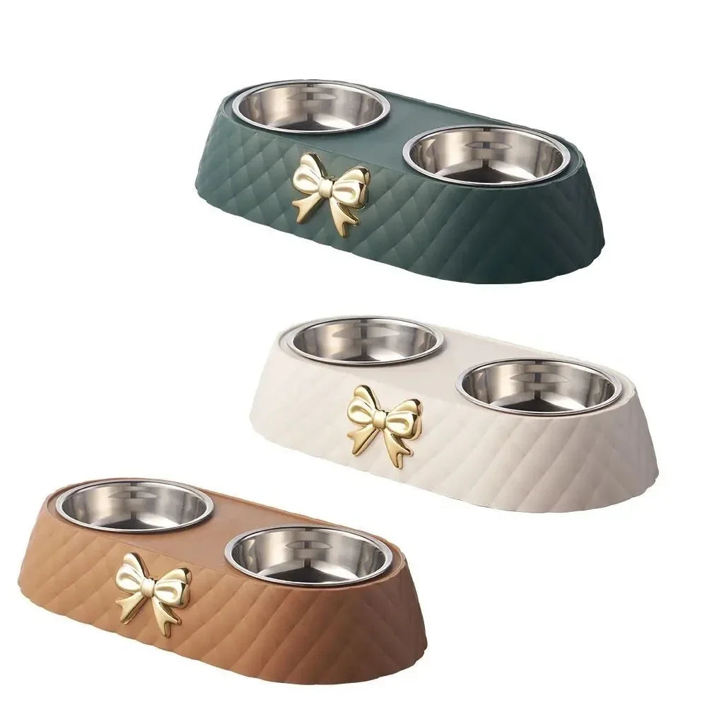 Bowtie Double Stainless Steel Pet Bowl - Cat & Dog Feeding Set