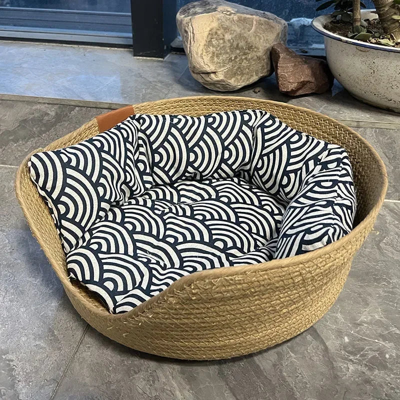 Woven Bamboo Cat & Dog Bed Basket - Cozy All-Season Sleeping Nest