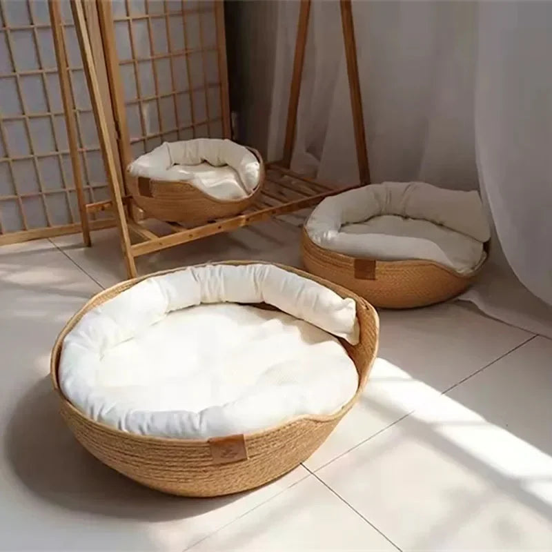 Woven Bamboo Cat & Dog Bed Basket - Cozy All-Season Sleeping Nest
