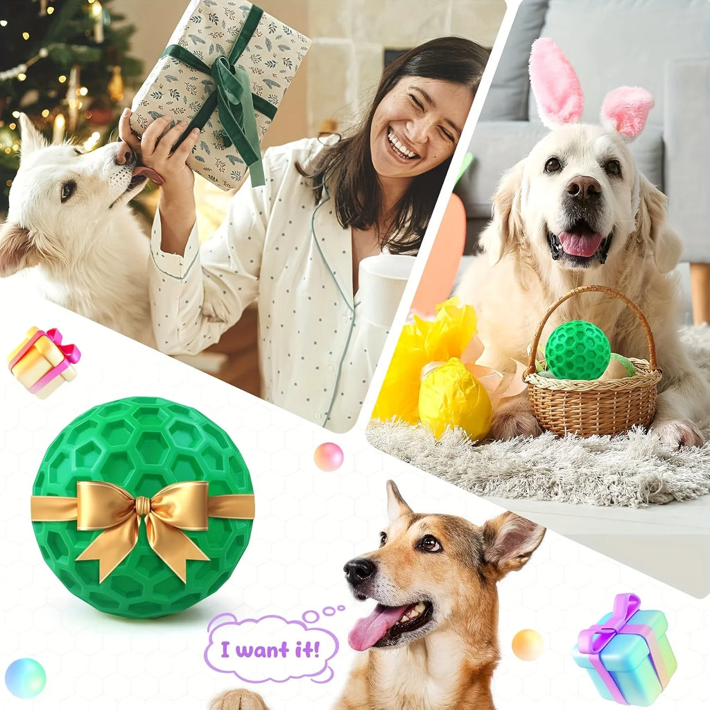 Tough Natural Rubber Dog Chew Toy Indestructible Squeaky Ball for Aggressive Chewers Beef Flavor Hexagonal Design Dental Health