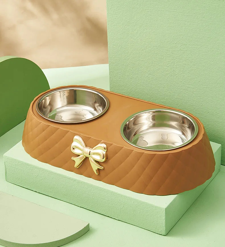 Bowtie Double Stainless Steel Pet Bowl - Cat & Dog Feeding Set
