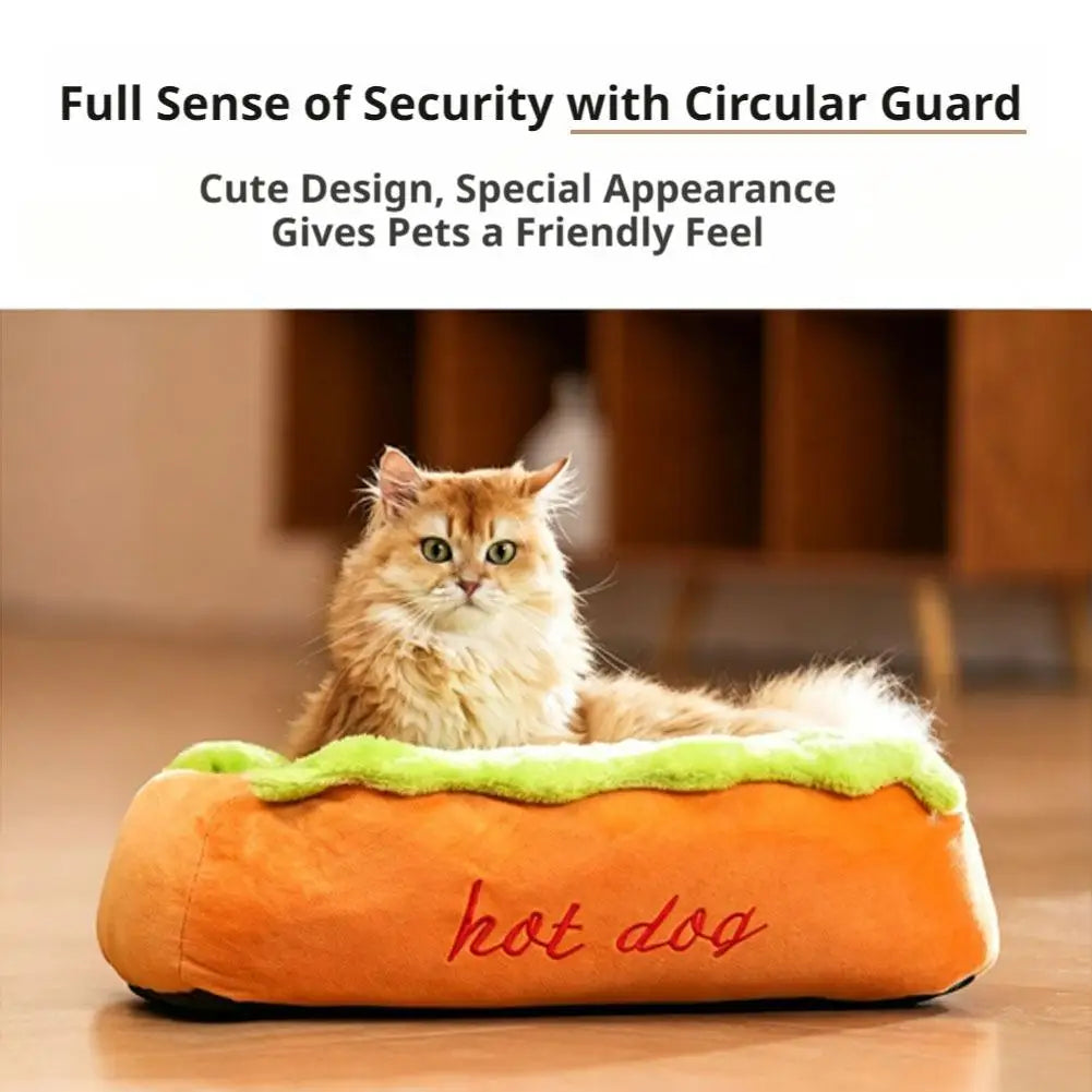 Hot Dog Shaped Novelty Pet Bed - Soft Removable Washable Lounger for Cats & Dogs