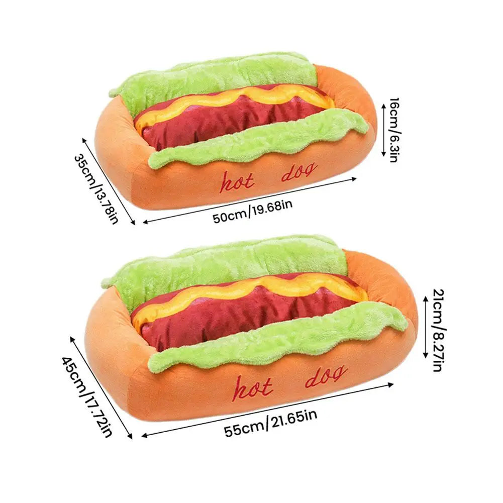 Hot Dog Shaped Novelty Pet Bed - Soft Removable Washable Lounger for Cats & Dogs