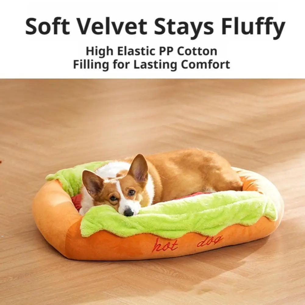Hot Dog Shaped Novelty Pet Bed - Soft Removable Washable Lounger for Cats & Dogs