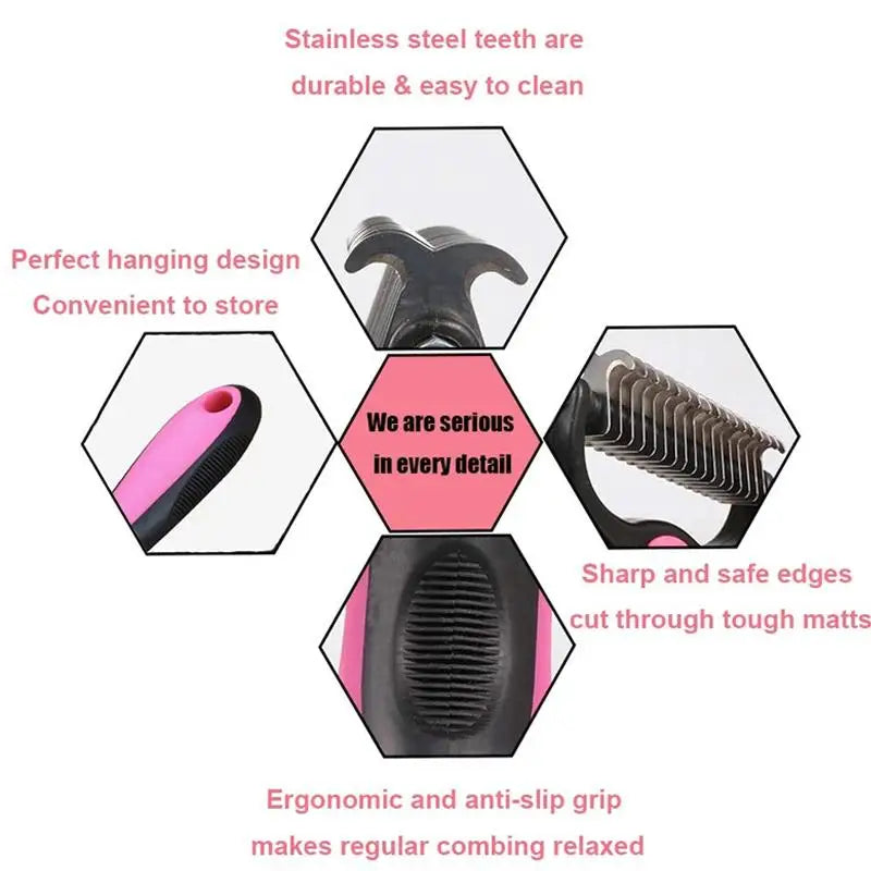 Double-Sided Pet Grooming Rake - Pro Shedding Brush for Dogs & Cats