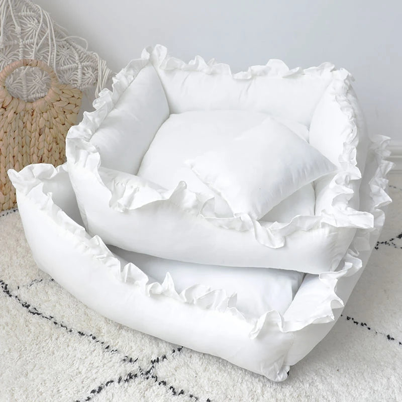 Lace Square Cushion Bed for Cats & Dogs - Warm Sofa Nest with Pillow
