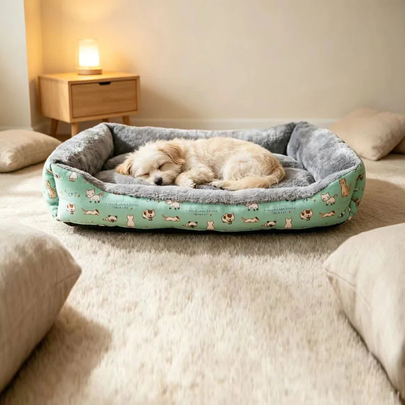 All-Season Cotton Linen Pet Bed - Comfortable Print Bed for Cats & Dogs