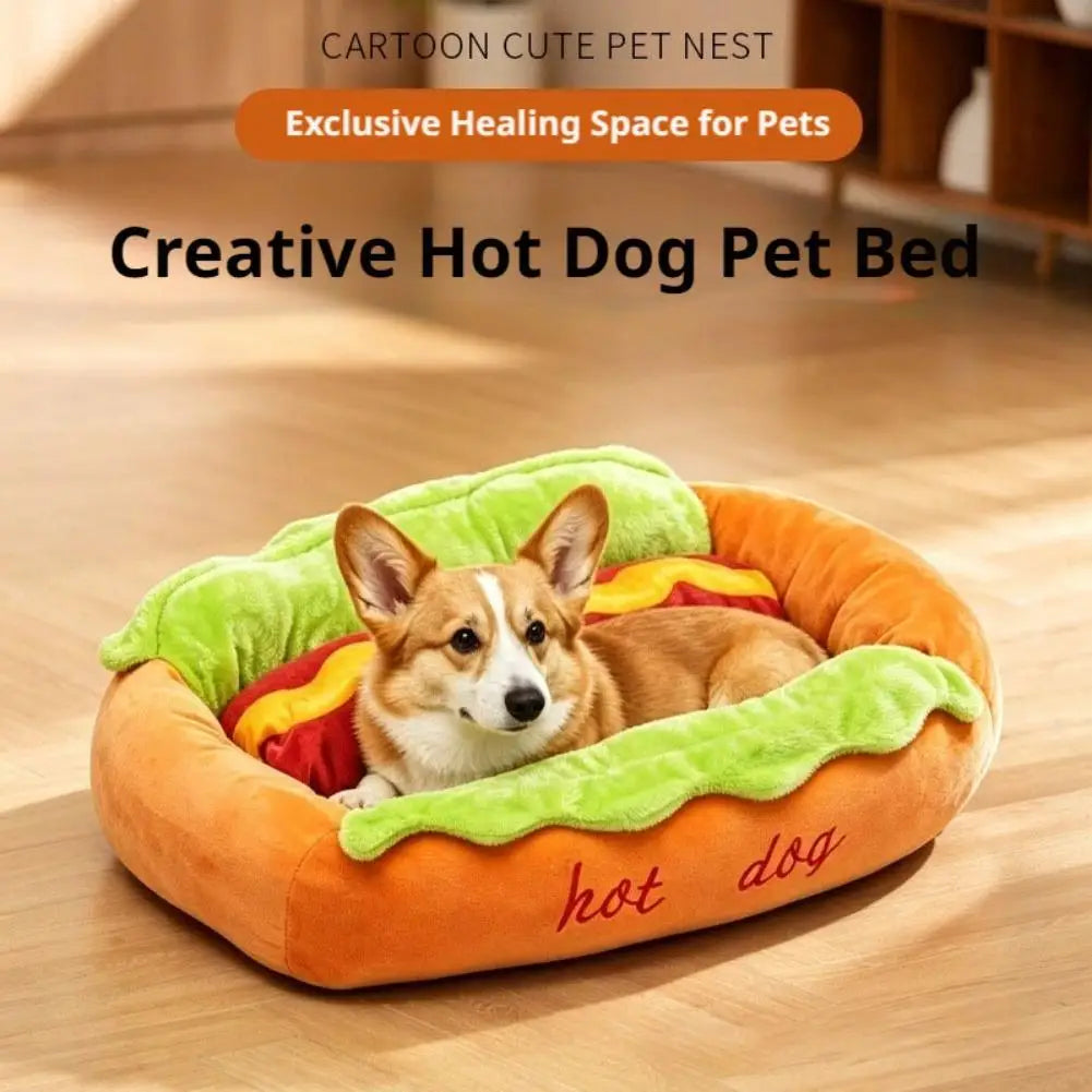 Hot Dog Shaped Novelty Pet Bed - Soft Removable Washable Lounger for Cats & Dogs