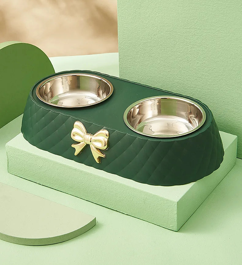 Bowtie Double Stainless Steel Pet Bowl - Cat & Dog Feeding Set