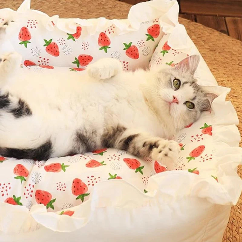 Lace Square Cushion Bed for Cats & Dogs - Warm Sofa Nest with Pillow