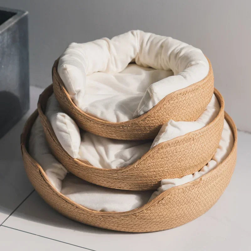 Woven Bamboo Cat & Dog Bed Basket - Cozy All-Season Sleeping Nest