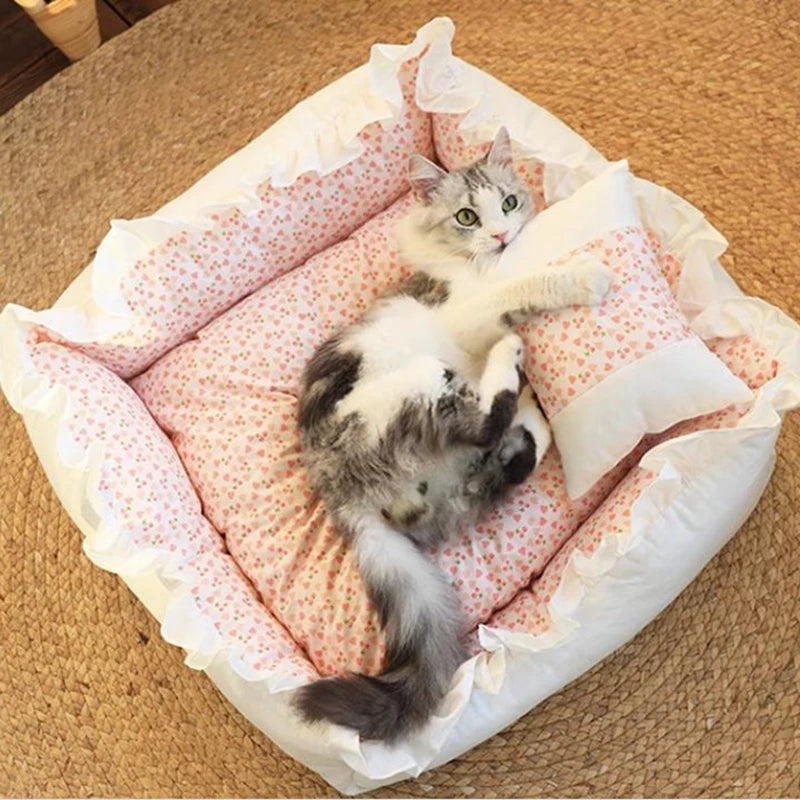Lace Square Cushion Bed for Cats & Dogs - Warm Sofa Nest with Pillow