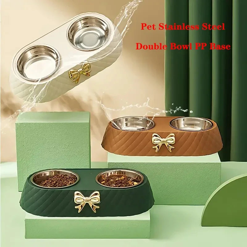 Bowtie Double Stainless Steel Pet Bowl - Cat & Dog Feeding Set