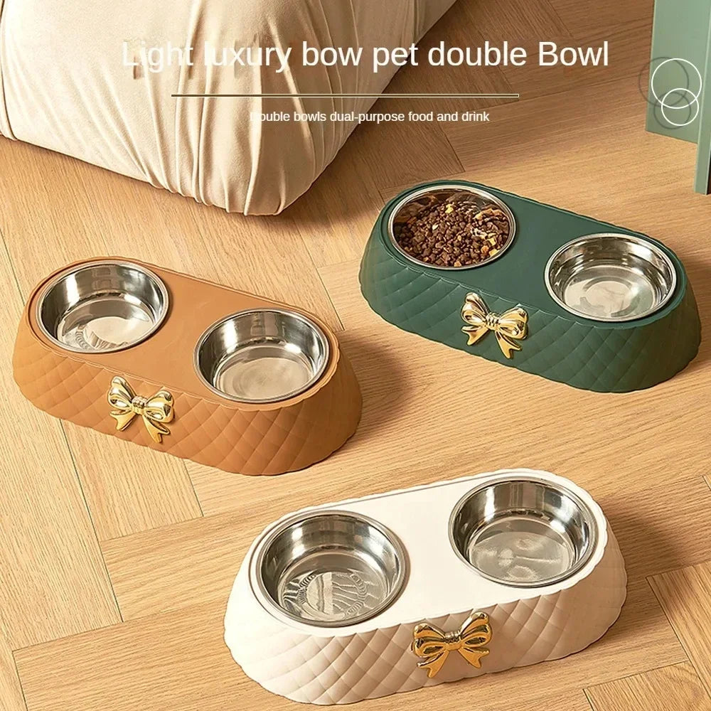 Bowtie Double Stainless Steel Pet Bowl - Cat & Dog Feeding Set