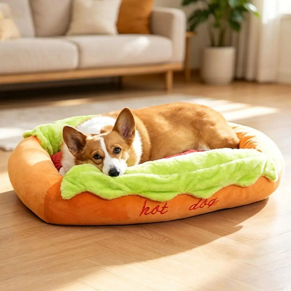 Hot Dog Shaped Novelty Pet Bed - Soft Removable Washable Lounger for Cats & Dogs