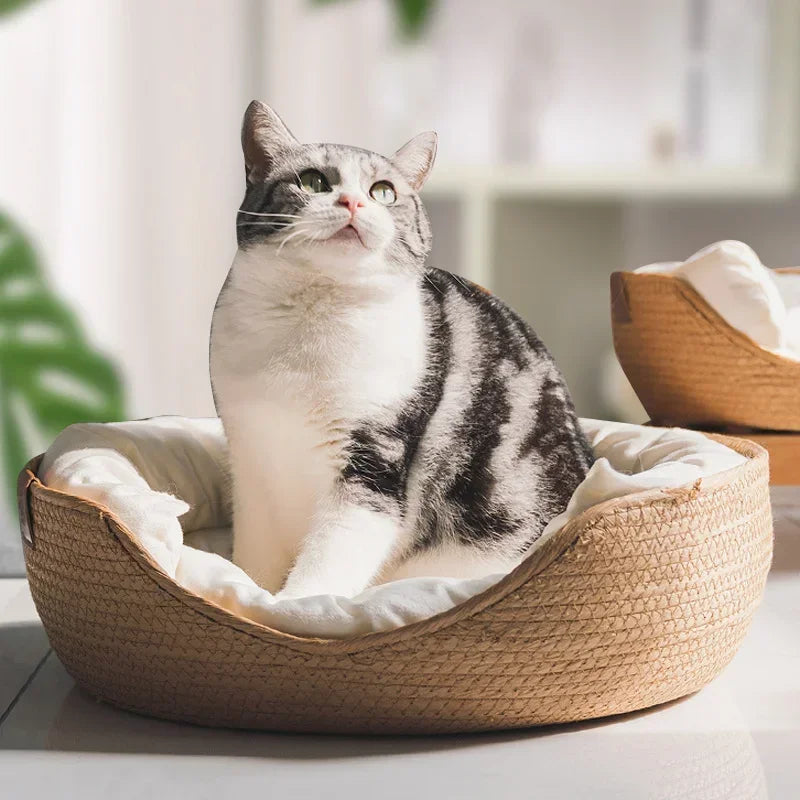 Woven Bamboo Cat & Dog Bed Basket - Cozy All-Season Sleeping Nest
