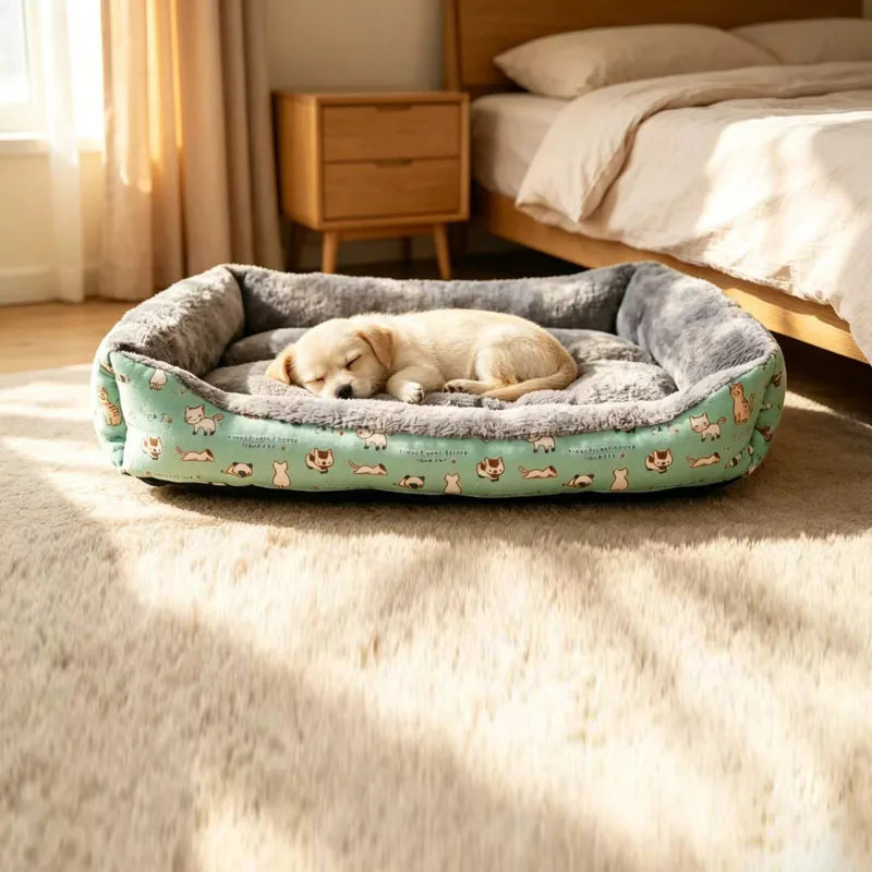All-Season Cotton Linen Pet Bed - Comfortable Print Bed for Cats & Dogs