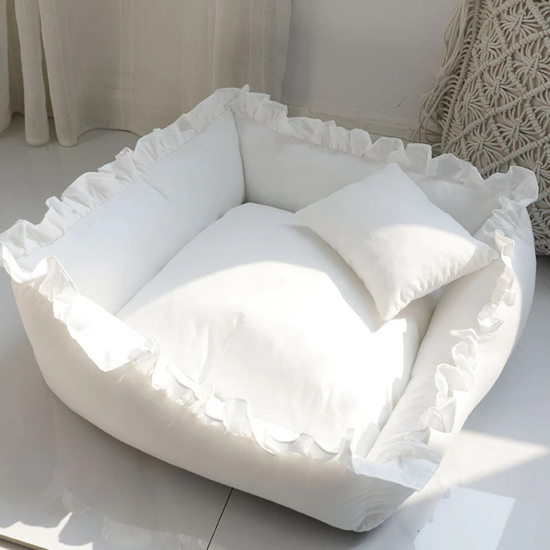 Lace Square Cushion Bed for Cats & Dogs - Warm Sofa Nest with Pillow