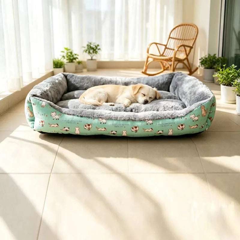 All-Season Cotton Linen Pet Bed - Comfortable Print Bed for Cats & Dogs