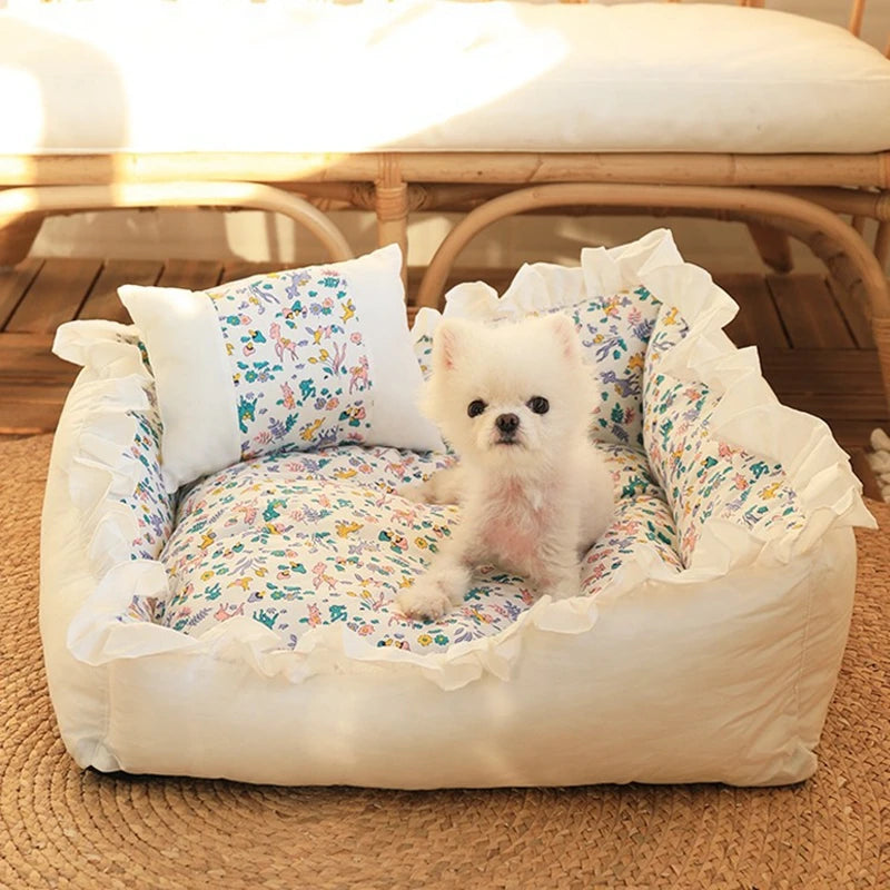 Lace Square Cushion Bed for Cats & Dogs - Warm Sofa Nest with Pillow